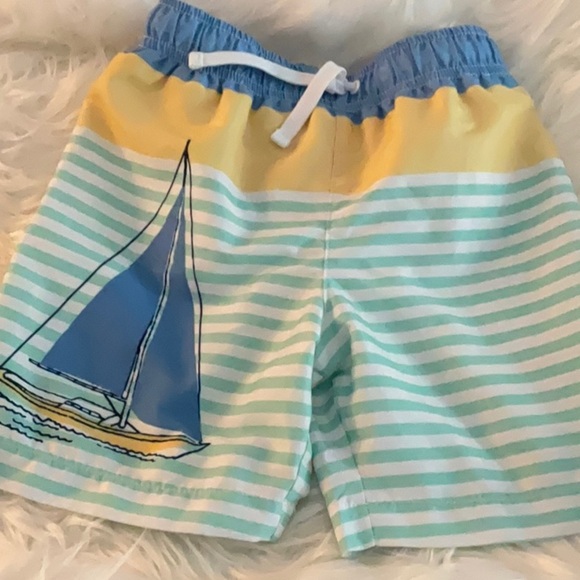 J Khaki Striped Sailboat Kids Swim Shorts - Picture 1 of 6
